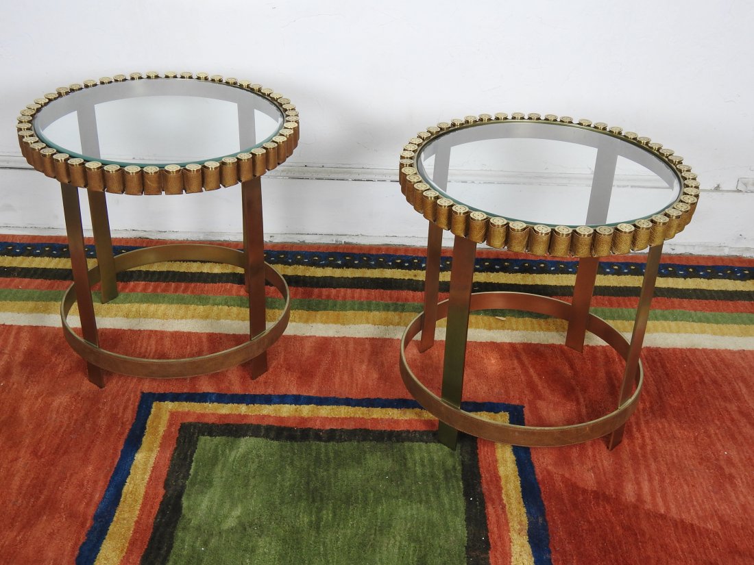 Pr. of Gun Belt Style Tables: Brass frames with leather gun belt warped trim and glass tops. In good condition. 23 3/4"H X 24 1/4"D.