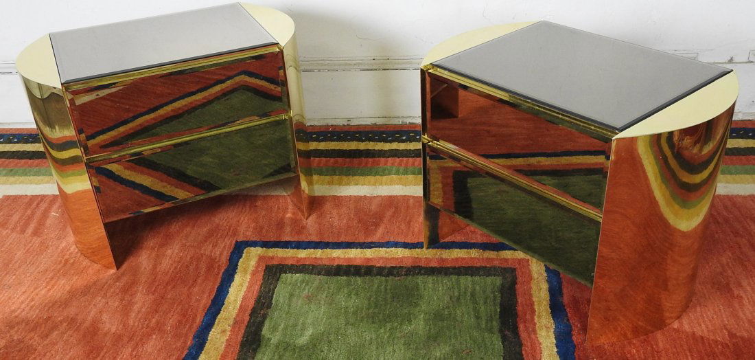 Pr. of Karl Springer Style Night Tables: Brass and mirrored surface. Dings and oxidation to the brass, otherwise in good condition. 21"H X 28 1/2"W X 18"D.