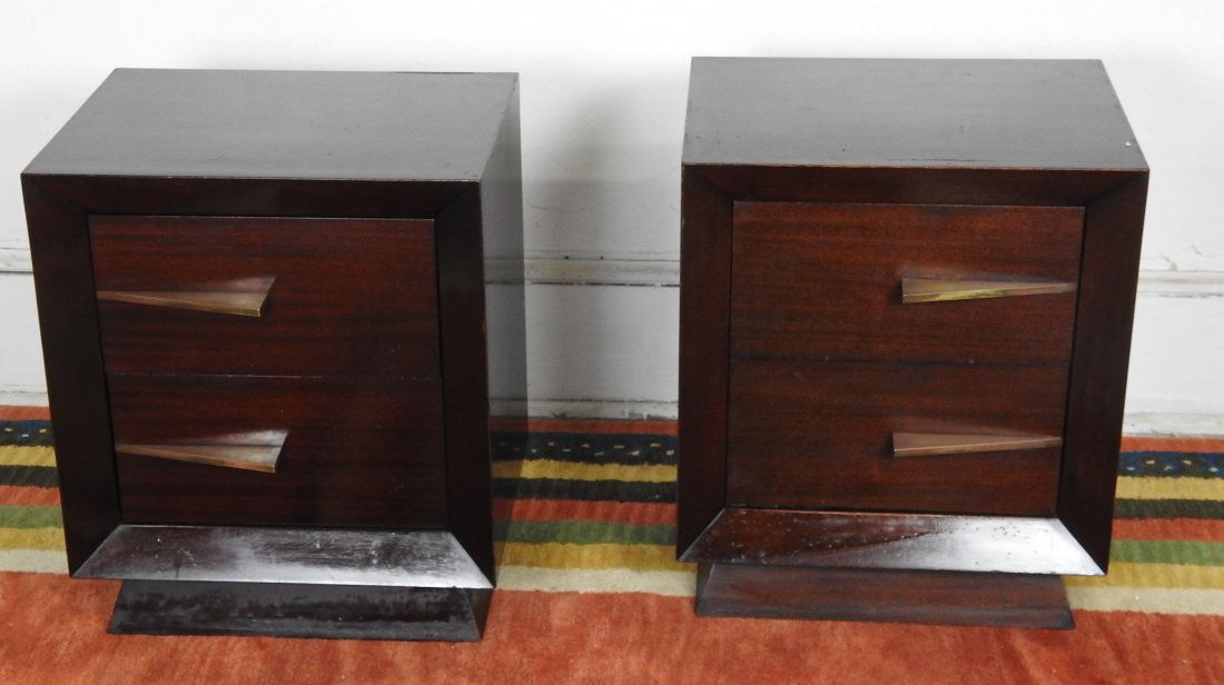 Pr. of James Mont Style Night Tables: Mahogany veneer with two drawers. Minor surface wear, otherwise in good condition. 24"H X 20"W X 16"D.