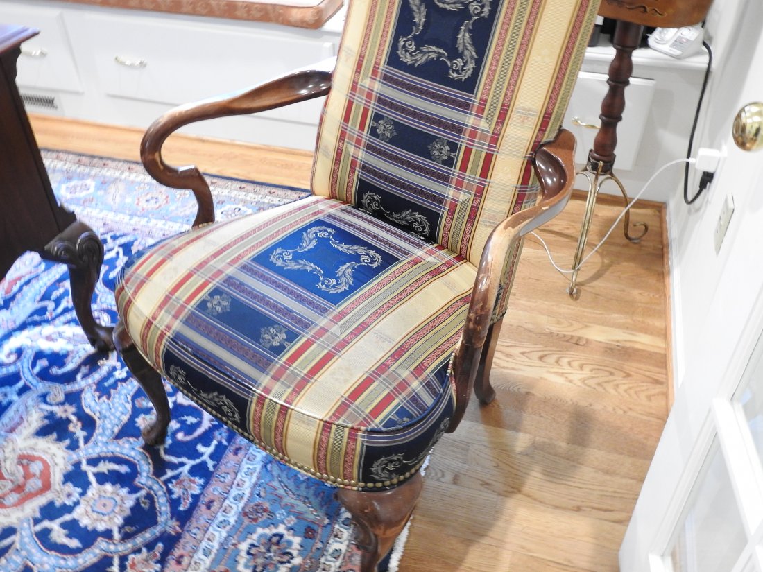 QUEEN ANN STYLE LIBRARY CHAIR: ONE LOOSE ARM, OTHERWISE GOOD CONDITION.