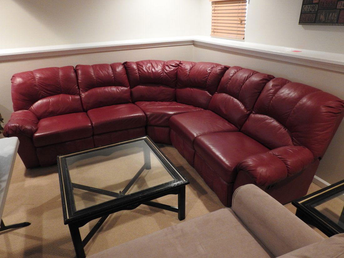 3 PC. RED SECTIONAL: In good condition. 37"H X 108" X 108"