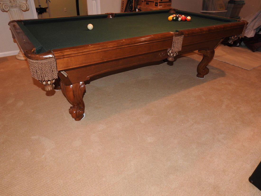 BRUNSWICK VICTORIAN STYLE POOL TABLE: IN GOOD CONDITION. 31 1/2" high X 98"long X 54"wide