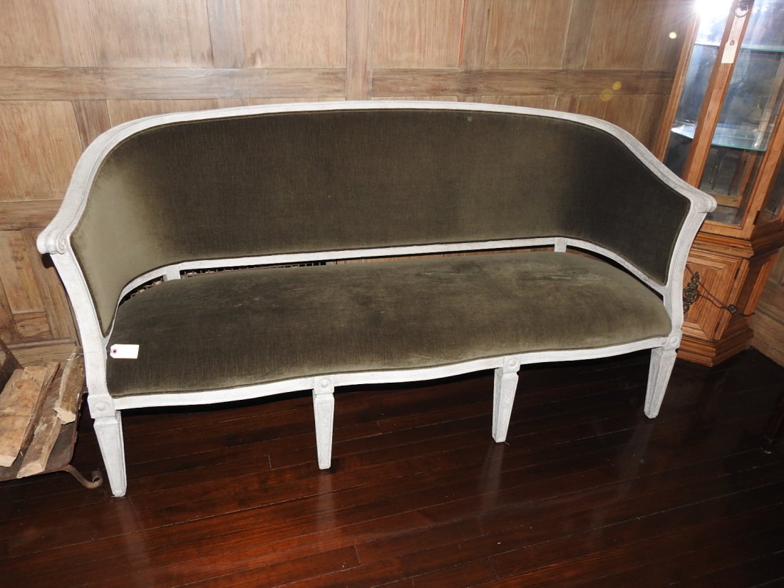 Louis XIV Style Canape: Louis XIV style canopy with distressed white painted frame and a grey velvet covering. Canopy is in good condition. Measurements are 31"x71"x25" with a seat height of 18".