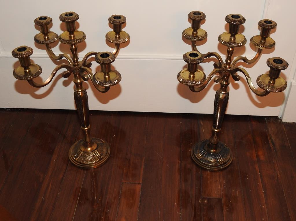 Pair Of Brass Candelabras: Pair of brass candelabras in good condition. Measurements are 20 1/2"x15".
