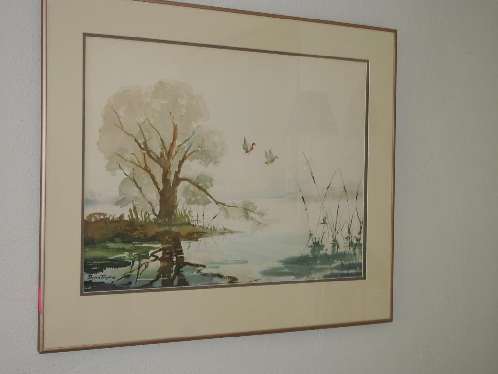 Water Color "Brian Truelove" Artwork: Water color artwork of pond scene signed "Brian Truelove". Artwork is in good condition.Measurements are 24"x18".