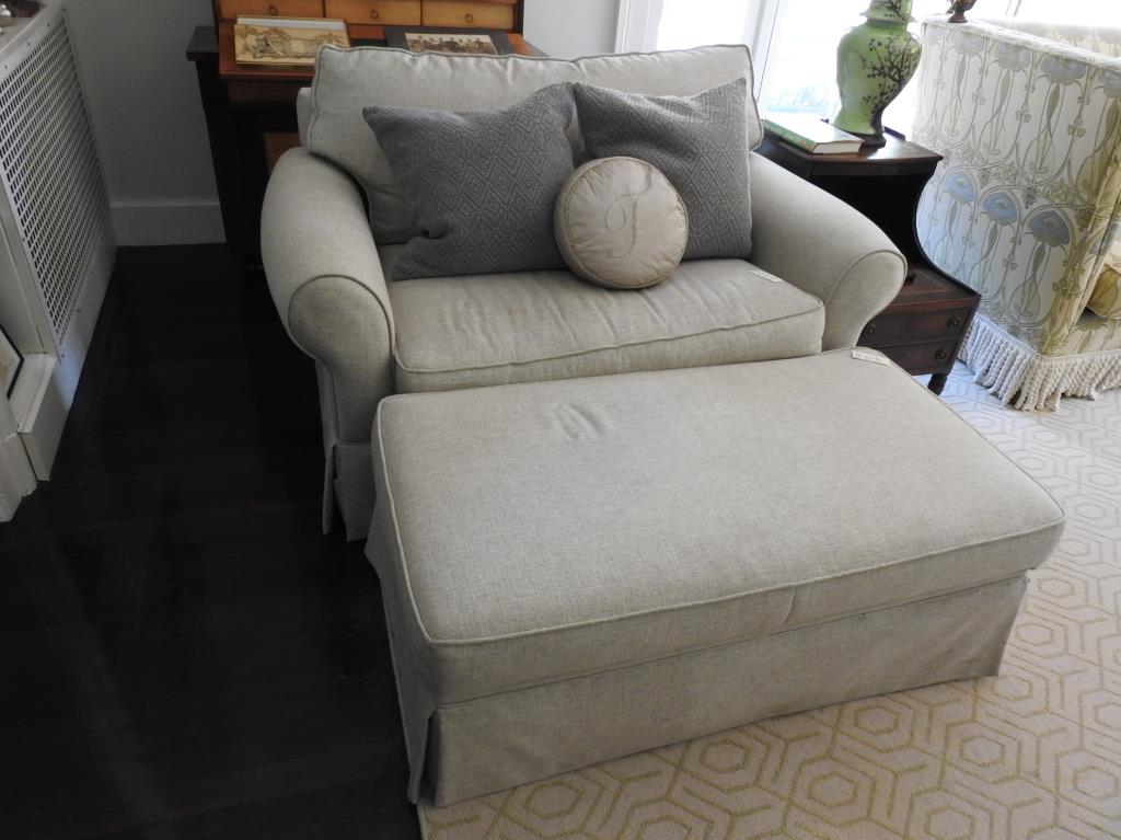 Love Seat And Ottoman Set: Love seat and ottoman set with beige fabric. Set has minor wear, otherwise, in good condition. Measurements for the love seat are 35"x52"x19" with a seat height of 17 1/2". measurements for the ottoma