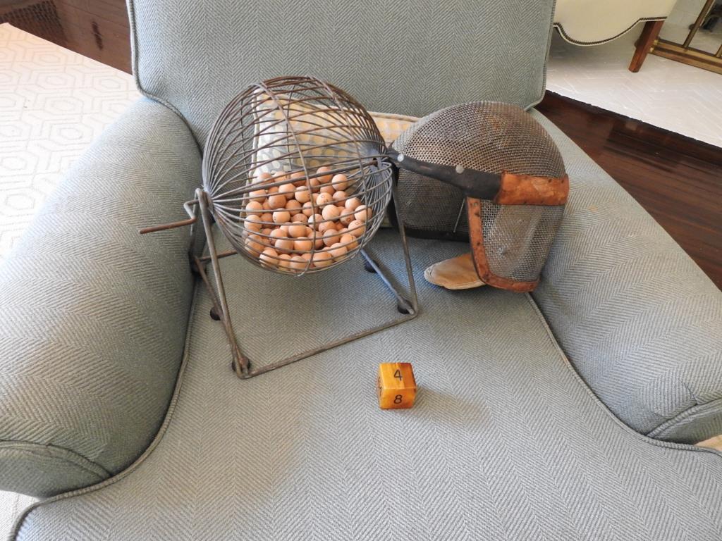 Three Piece Vintage Lot: Three piece vintage lot containing bingo, a fencing helmet and dice. Lot is in good condition