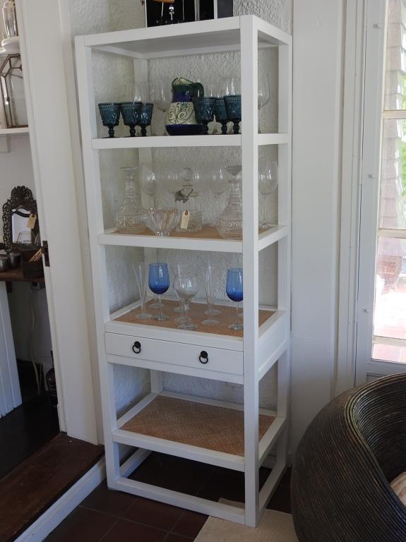 Contemporary Shelf: Contemporary shelf with a white finsh and woven inserts. Shelf is in good condition. Measurements are 74 1/2"x27 1/2"x18".