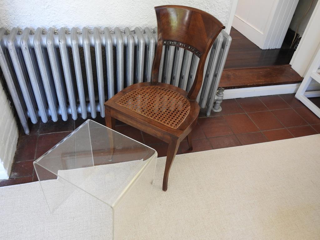 Italian Neo Classical Chair And Lucite Table: Italian neo classical chair and lucite table in good condition. Measurements for chair are 34"x18"x16" with a seat height of 17". Measurements for table are 15 1/2"x16 1/2"x13".