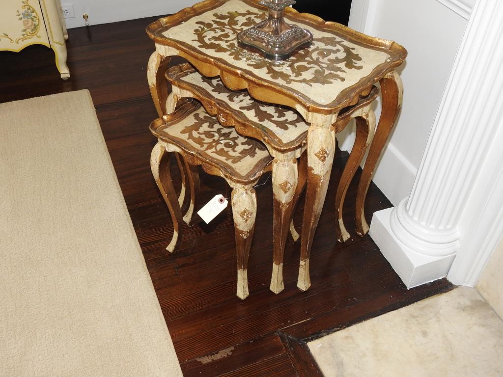Nest Of Three Italian Tables: Nest of three Italian tables. tables have some wear to finish, otherwise, are in good condition.