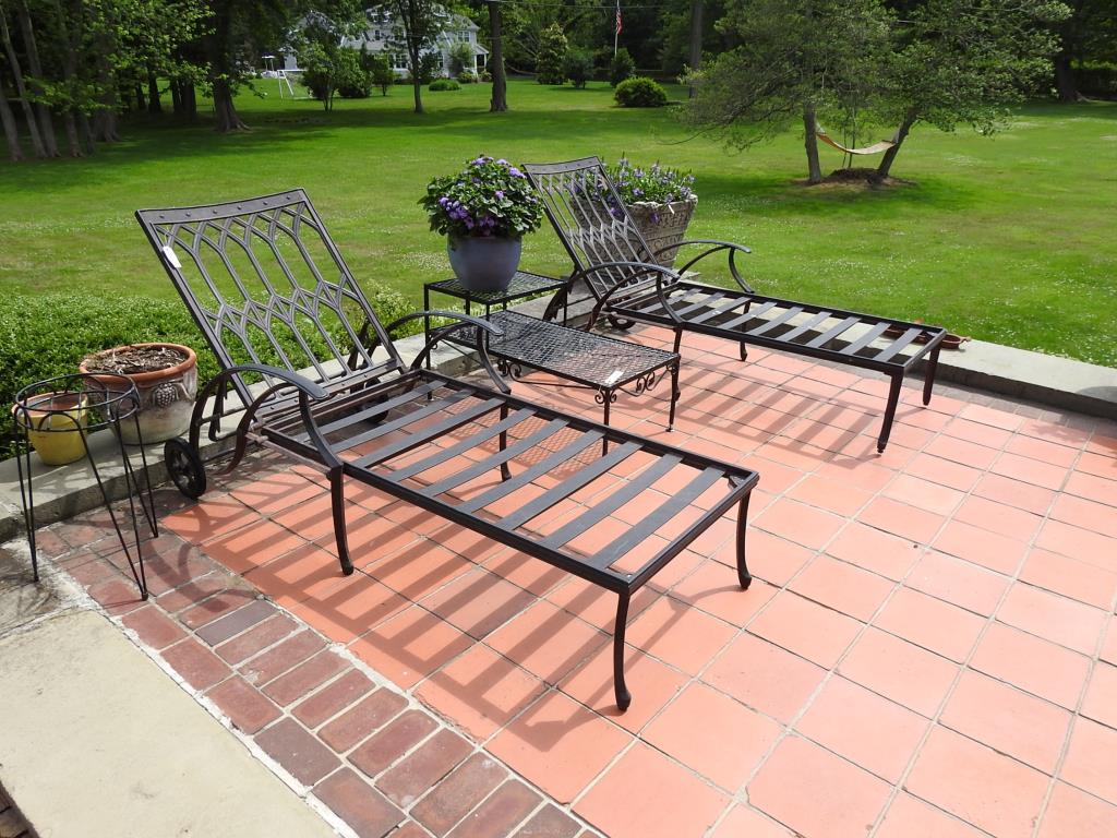 Pair Of Gothic Style Chaise Lounges: Pair of gothic style cast-aluminium chaise lounges. Lounges have some wear to finish, otherwise, are in good condition.