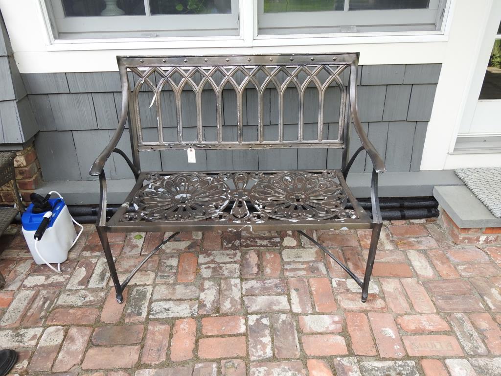 Gothic Outdoor Bench: Gothic outdoor bench. Bench has some wear to finish, otherwise, is in good condition.
