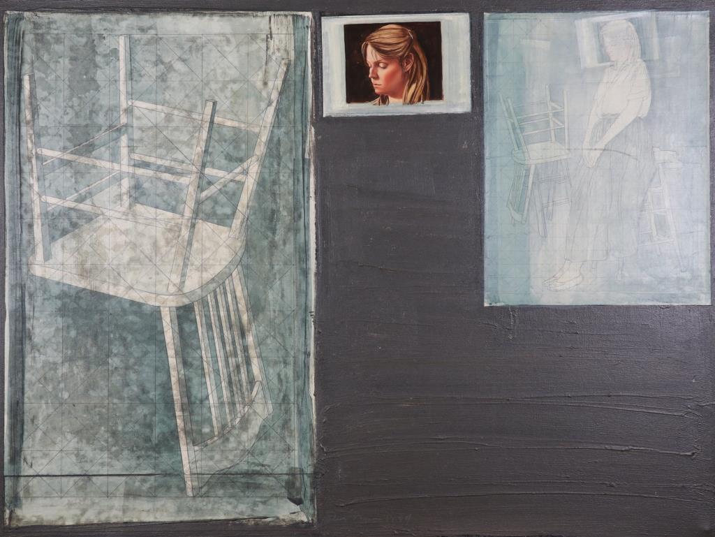 O.P. JOHN NAVA "PORTRAIT/CHAIR": John Nava 1984 acrylic and oil painting collage "Portrait/chair" #1288. Painting is in good condition, signed in the lower center with a Koplin Gallery label. Measurements are 36"x48".