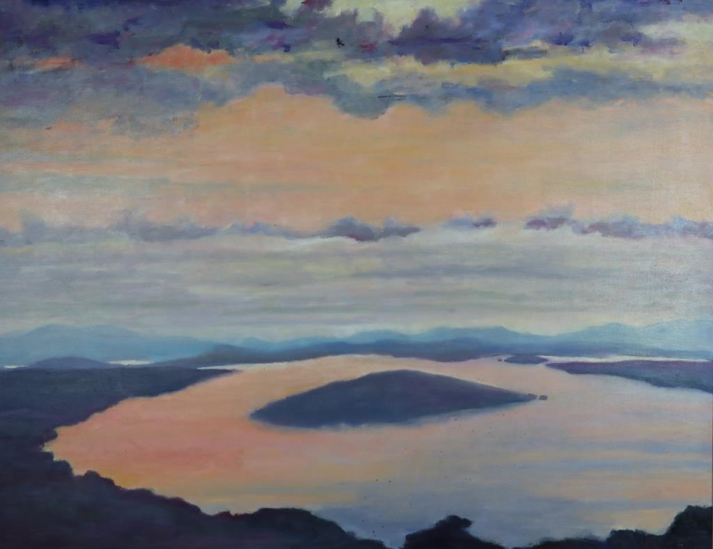O.P. ANNE E. BOYSEN "MOOSELOOKMEGUNTIC": Anne E. Boysen 1988 oil painting "Mooselookmeguntic" of a view of Mooselookmeguntic Lake at sunset. Painting has a contemporary wood framing. Painting is in good condition, signed "Boysen" in the righ
