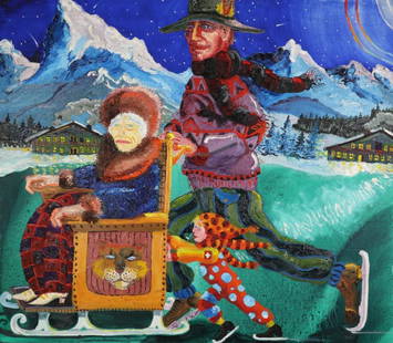 O.P. PETER DEAN "NIGHT SKATING": Peter Dean 1988 oil painting "Night Skating" of a large winter scene of a man and child ice skating on a pond pushing an elderly woman on a sled with skates. Painting has an aluminum frame. Painting i