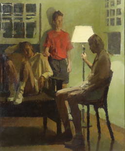 O.P. PHILIP GEIGER: Philip Geiger 1988 oil painting "Waiting" of a domestic interior with three figures. Painting has a gilt wood frame with a silk mat. Painting is in good condition, is signed and dated "Geiger 88" in t