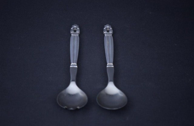 2 PC. Jensen Sterling Silver Handled Salad Set: 2 PC. Jensen Sterling Silver Handled Salad Set, marked Georg Jensen-Sterling Denmark.