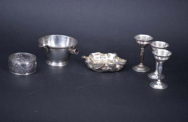 6 PC. Sterling Silver Lot: 6 PC. Sterling Silver Lot. 1-Shiebler & Co. candy dish, 1-Mueck & Carey Co. pot (missing wooden handle, 1-Gorham bottle ring, 3-Esie Co. sherbet bases (lacking glass inserts). (surface scratches and i