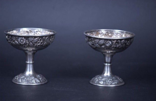 2 Repousse SS Ice Cream Cup Bases: 2 Repousse Sterling Silver Ice Cream Cup Bases (lacking inserts). 6.7 TO.