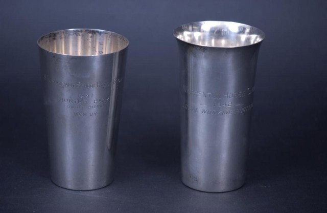 2 Sterling Silver Drinking Beakers: 2 Sterling Silver Engraved Drinking Beakers. 1-Stieff, 1-M. Fred Hirsch Co. 9.02 TO.