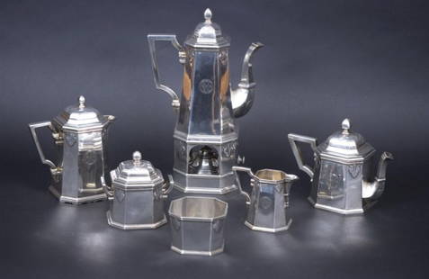 6 PC. Rare French Silver Tea Set: 6 PC. Rare French Silver, monogrammed Tea Set by Robert Linzeler. 1-kettle on stand w/burner, 1-teapot, 1-chocolate pot, 1-creamer, 1-sugar, 1-waste bowl, hallmarked and signed by Robert Linzeler, ivo