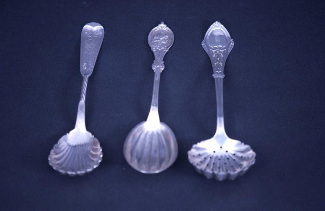 3 American Coin Silver Serving Spoons: 3 American Coin Silver, Monogrammed Serving Spoons. 1-Reineman-Meyran & Siedle, 1-T. C. Garrett, 1-J. G. Thompson. 3.75 TO.
