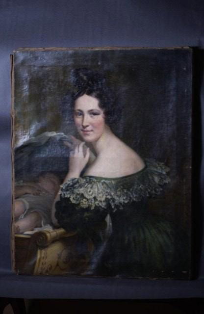 America School Oil on Canvas: America School, 19th Century Mother at Child's Crib Oil on Canvas, 30" X 25" Condition: Older varnish, worn/torn tacking edges, minor losses