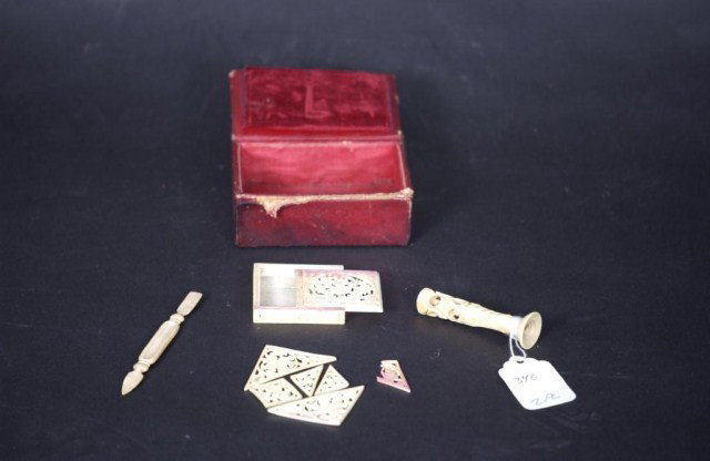Small Antique Ivory Puzzle in box: Small Antique Ivory Puzzle in a box with accessories Puzzle has losses Box has some wear and is missing the handle