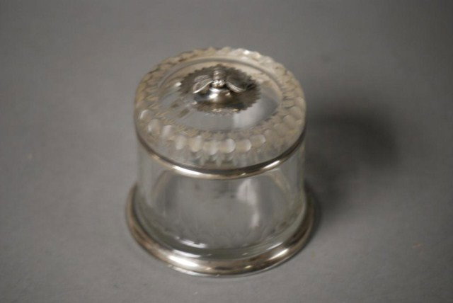 SS MOUNTED CUT CRYSTAL HONEY JAR: Sterling Silver Mounted Cut Crystal Rockwell Honey Jar, ss bee mounted on top of lid with etching all the way around on the lid and base, silver overlay trim on the lid and base.
