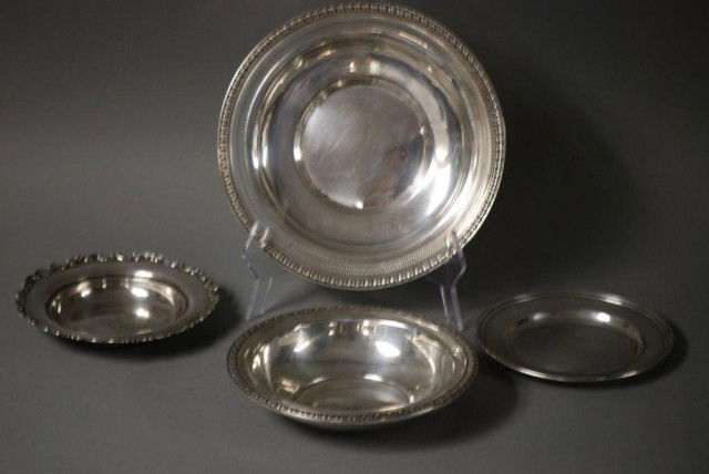 4 ASSORTED SS TABLE ITEMS: 4 Assorted Sterling Silver Table Items, 1-6-3/4" bowl, 1-6-1/2" dish, 1-7-3/4" bowl, with dents, 1-Gorham 9-1/2" bowl, with dents, monograms. 20.02 TO.