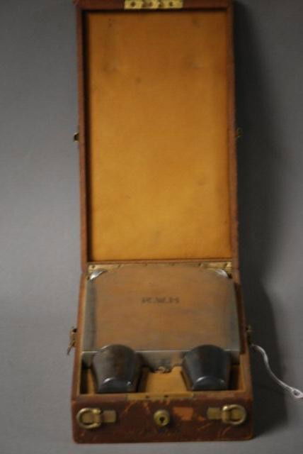 GOYARD TRAVEL SET: Goyard Travel Set, 1-James Dixon & Sons silver plated Sheffield milk and water decanter, monogrammed, 2-silver plated drinking cups in a Goyard Aine, 233 Rue & Honare, Paris labeled leather case, case