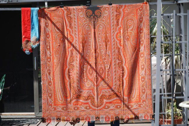 3 PIECE TEXTILE LOT: 3 Piece Textile Lot, 1-machine made paisley shawl, cut in half, 62" x 62", 1-blue scarf, 45" x 4-1/2", 1-red scarf, paisley ends, 52" x 5-1/2", holes in all three.