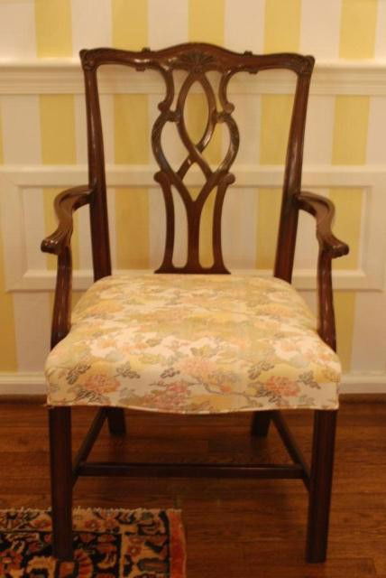SET OF 10 KINDEL DINING ROOM CHAIRS: Set of 10 Kindel Furniture Co., National Historic Trust Collection, Chippendale Style Mahogany Dining Room Chairs, 2-arm chairs, 8-side chairs, covered with floral tapestry upholstery, excellent condi