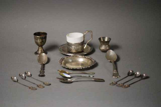 16 PIECES OF SILVER 16 Pieces of Silver, 6-.800 de: 16 PIECES OF SILVER 16 Pieces of Silver, 6-.800 demitasse spoons, 1-.800 4-1/2" tray, 1-.800 egg cup, 1-.800 petite vessel, 1-.800 demitasse cup, 1.800 cup plate, 1.800 demitasse spoon, 1-84 Russian s