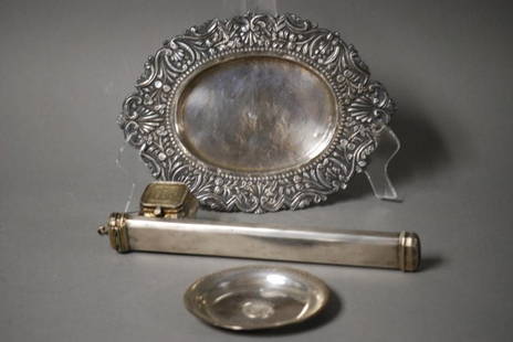 3 PCS. TURKISH SILVER 3 Pieces of Turkish Silver,: 3 PCS. TURKISH SILVER 3 Pieces of Turkish Silver, 1-4-1/2" round tray with coin insert in center, marked .800, 1-oval tray, 7" x 9-1/2" Ottoman Empire, Tughra mark in center top, 1-double compartment