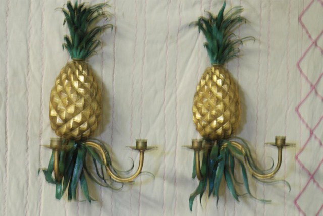 PR. PINEAPPLE FORM WALL SCONCES: Giltwood and tole with 2 arms, 19 1/2"H x 14"W. In good condition.