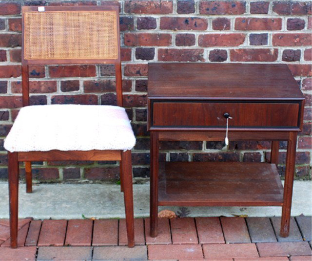 MID-CENTURY NIGHT STAND AND SLIPPER CHAIR: Night stand measures 22 1/2" H X 16" Deep X 22" W.