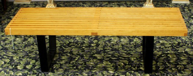 GEORGE NELSON - HERMAN MILLER MADE SLAT BENCH: Slat bench signed and labeled 14"H X 18 1/2" W X 48"L