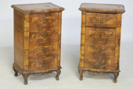 PR. ANTIQUE ITALIAN END COMMODES: Olivewood with fruitwood banding and inlay, and 4 drawers, 17"W x 28"H x 13-1/2"D. Old repairs and minor losses.