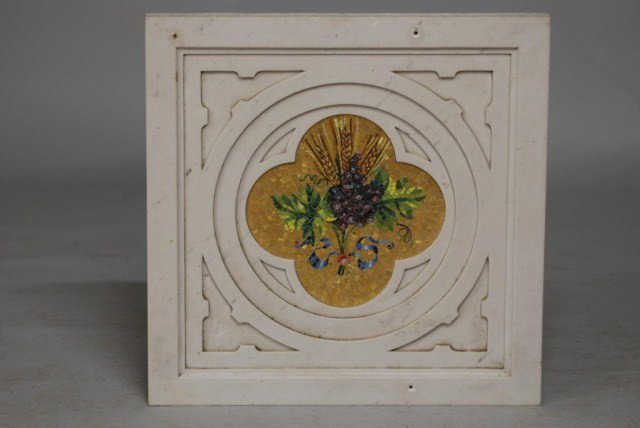3 ANTIQUE ITALIAN MARBLE ARCHITECTURAL PANELS: Each having a gothic motif and a mosaic center panel decoration, 2-having grape bouquets, 1-with blue fleur-de-lis, panels measure 27" x 27". In good condition.