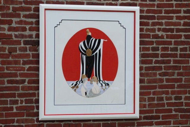 ERTE' "MONACO" SERIGRAPH: Woman in black & white cape 34"H x 29-1/2"W Signed Erte' Numbered 250/300 White lacquer frame In good condition.