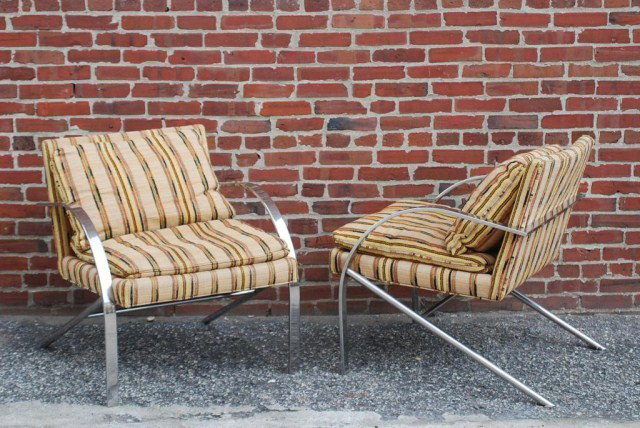 PR. MID-CENTURY MODERN CHAIRS: Milo Bauhman style. Chrome frame arm chairs with original striped fabric, with loose seat and back cushions, 30"H x 27"W x 30"D. In good condition.