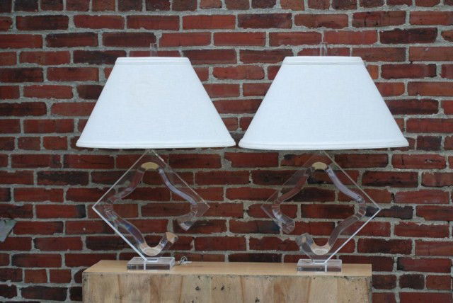 PAIR LUCITE LAMPS: Abstract form, signed "Van Teal", 30"H x 17"W. In good condition.