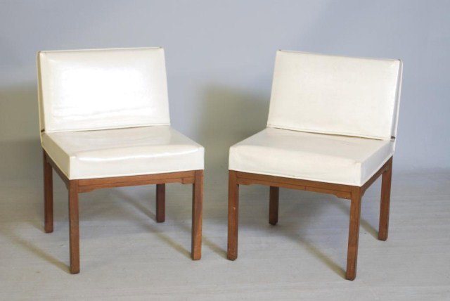 PAIR OF MID-CENTURY MODERN SLIPPER CHAIRS: Simple design, teak frames, white vinyl upholstery, 20-1/2"W x 29-1/2"H w 16-1/2"D