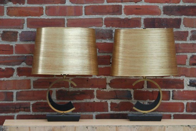 PR. MID-CENTURY MODERN LAMPS: Cresent shape design, Made of brass with an ebonized wood insert and base, 6-1/2"W x 19-1/2"H x 4"d. In good condition.