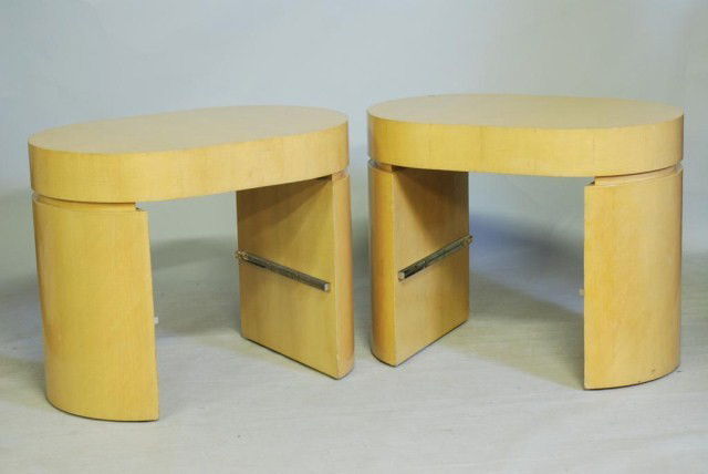 PAIR OF MODERN DESIGN END TABLES: Oval with tiger maple veneer, each with a lower glass shelf, designed by Sally Sirkin Lewis for J. Robert Scott Associates, Inc., Los Angeles, California, 36"W x 28 1/2"H x 24"D. Minor wear.