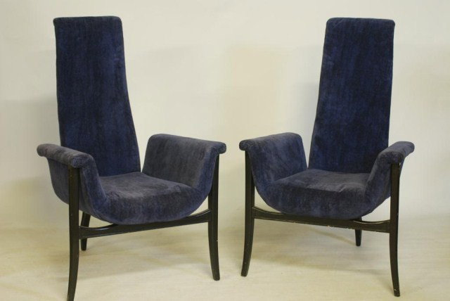PAIR OF MID-CENTURY MODERN HIGHBACK CHAIRS: Unusual 3 legged ebonized wood frames with dark blue original fabric, 28 1/2"W x 45 1/2"H x 25 1/2"D. In good condition.