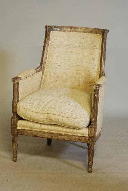 ANTIQUE EMPIRE BERGERE: Distressed paint with neutral upholstery, structurally sound with old repairs, 24-1/2"W x 38"H x 19-1/2"D. Fabric is in need of cleaning.