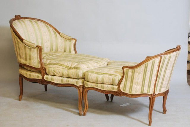 LOUIS XV STYLE 2-PART CHAISE LOUNGE: Beechwood frames with green striped damask upholstery, 37 1/2"h x 29 1/2"w x 79"d. Some wear to upholstery, otherwise in good "as found" condition.