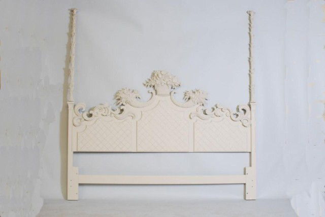 KING SIZE HEADBOARD IN MANOR OF SERGE ROCHE: Carved wood in an off-white finish, 82"h x 79 3/4"w. In good condition